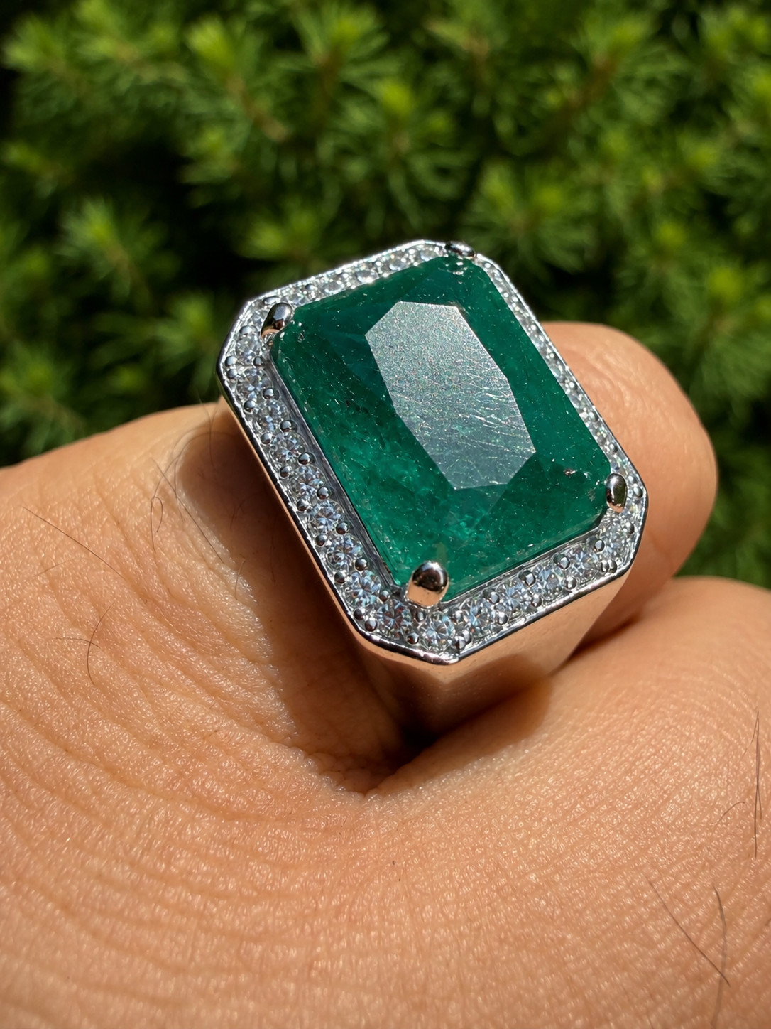 MOISSANITE Iced Natural 9ct Rectangle Green Emerald Stone Ring 925 Silver