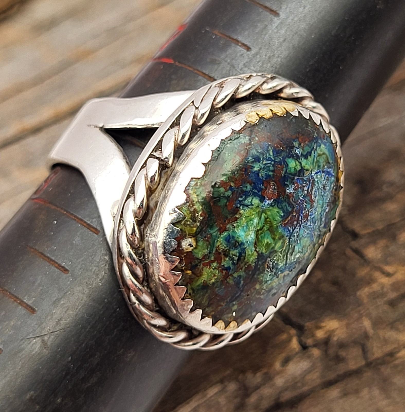 Beautiful Solid 925 Sterling Silver Oval Azurite Malachite Ring
