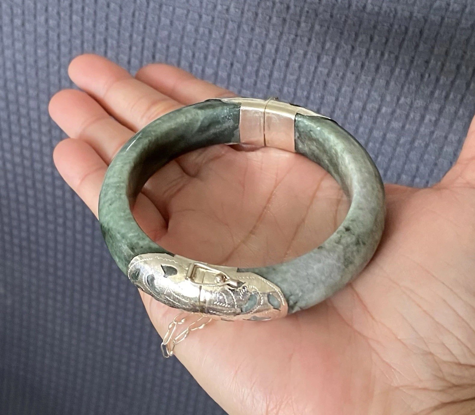 7.1 ” 925 Silver Handmade Genuine Burmese Jade Women Bangle Bracelet US SELLER
