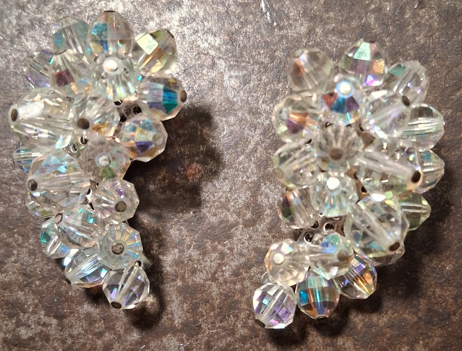 Vtg Crystal LAGUNA Clip Earring Cluster Aurora Borealis Bead Crescent Silvertone