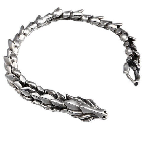 Real Solid 925 Sterling Silver Bracelet Bangle Link Chain Dragon Animal Jewelry