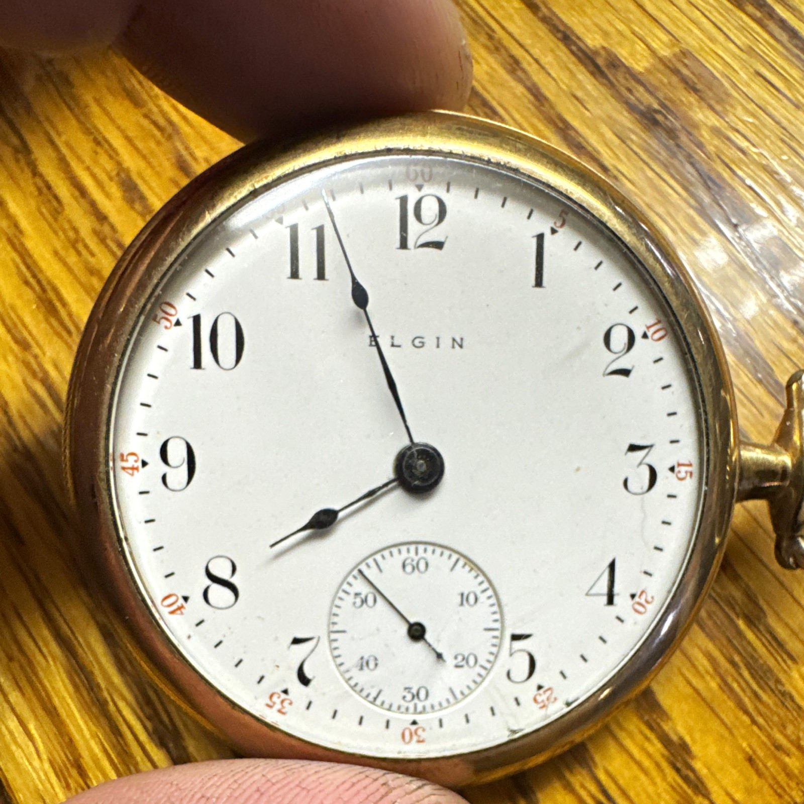 Elgin Gold Filled Yellow Gold Open Face Pocket Watch White Dial Arabic, Seconds