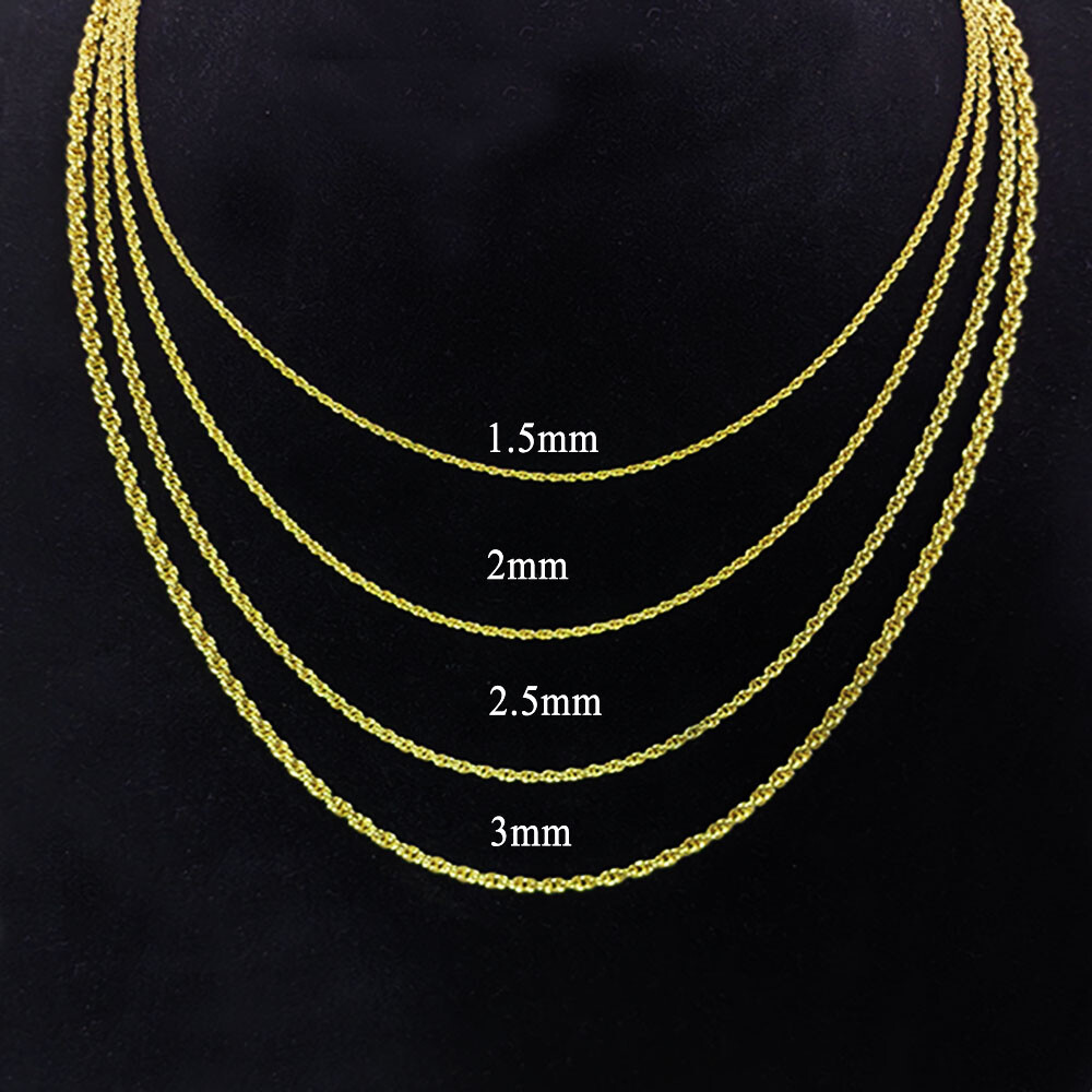 14K Real Solid Yellow Gold 1mm-2.5mm Rope Chain Necklace with Lobster Claw Clasp