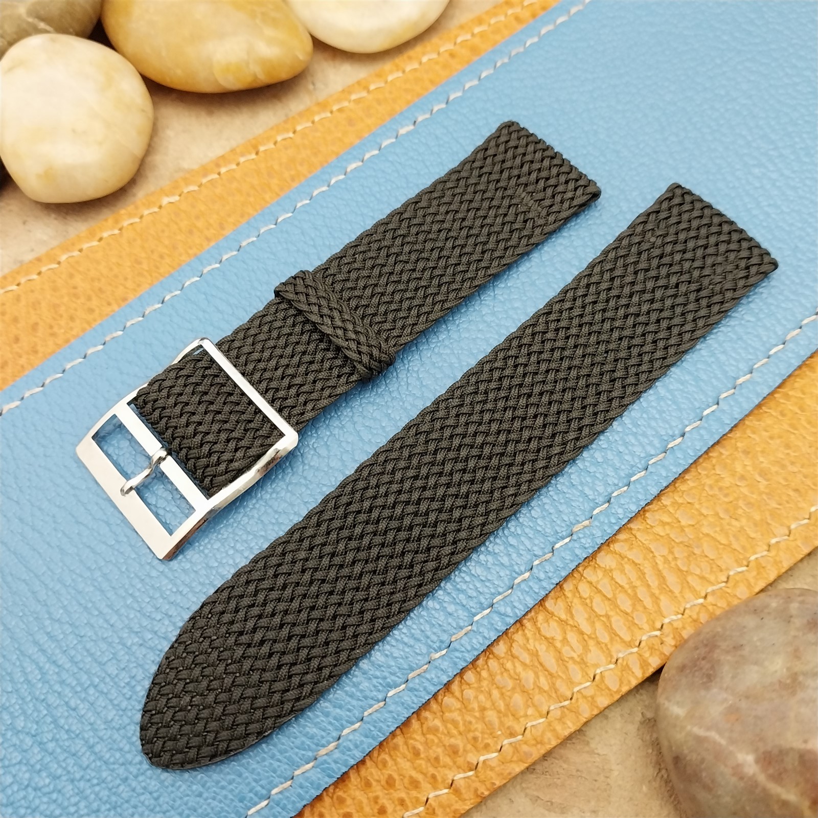 Vintage 20mm Braided Perlon Mesh Black Two-piece 1960s Unused Field Watch Strap