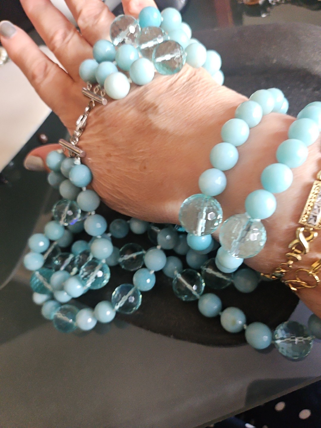 LP Genuine Stones Amazonite Bids & Blue Topaz 3 Strands Silver 925 Necklace 22″
