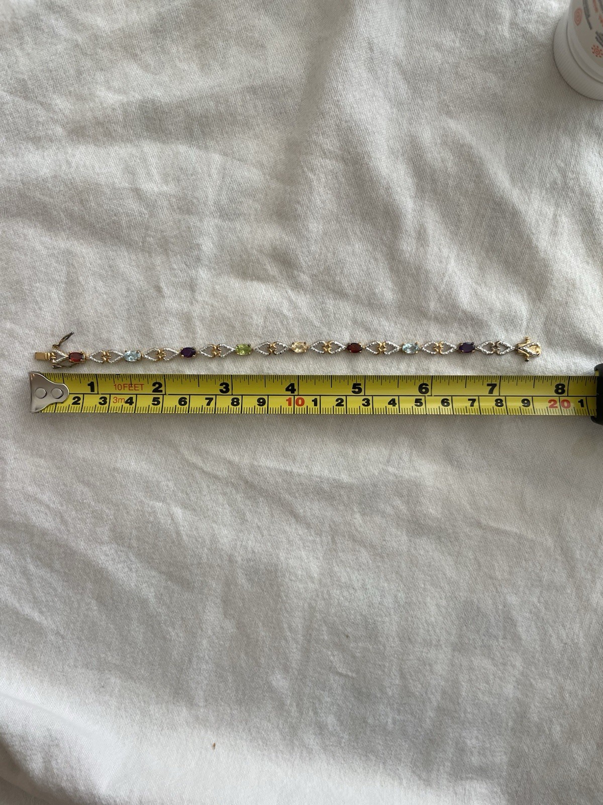 China 925 Sterling Silver Multicolor Gemstone Heart Link Bracelet 7.5” Two Tone