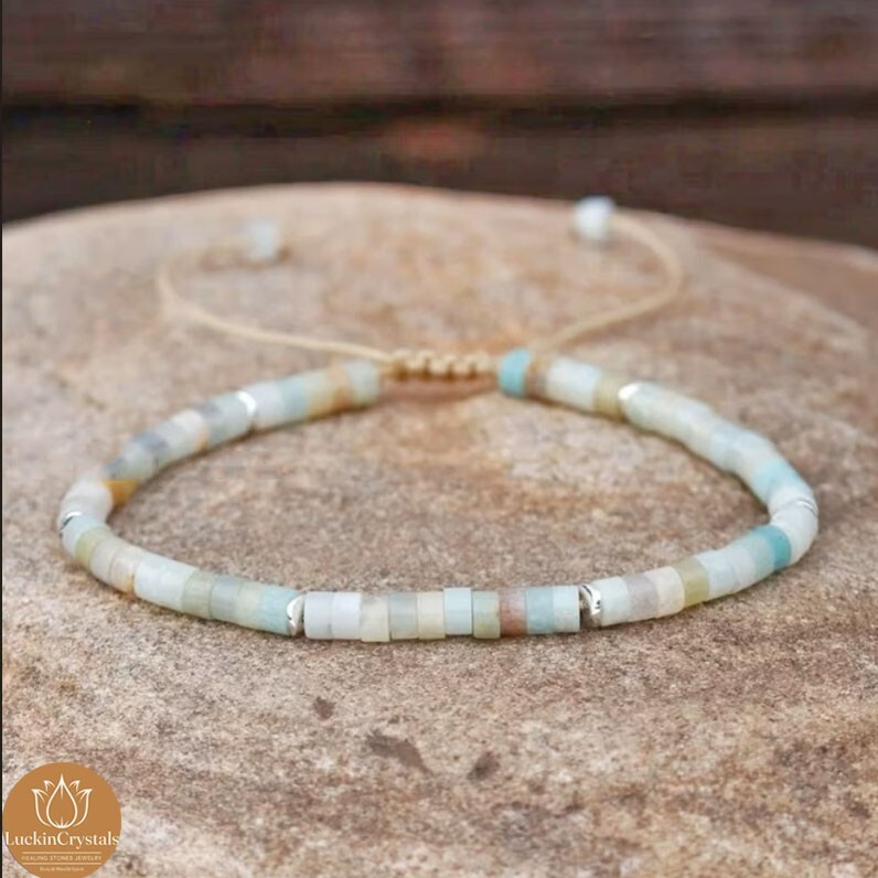 Natural Light Amazonite 2*4 Tube Beads Healing Charka Lucky Wax Rope Bracelet