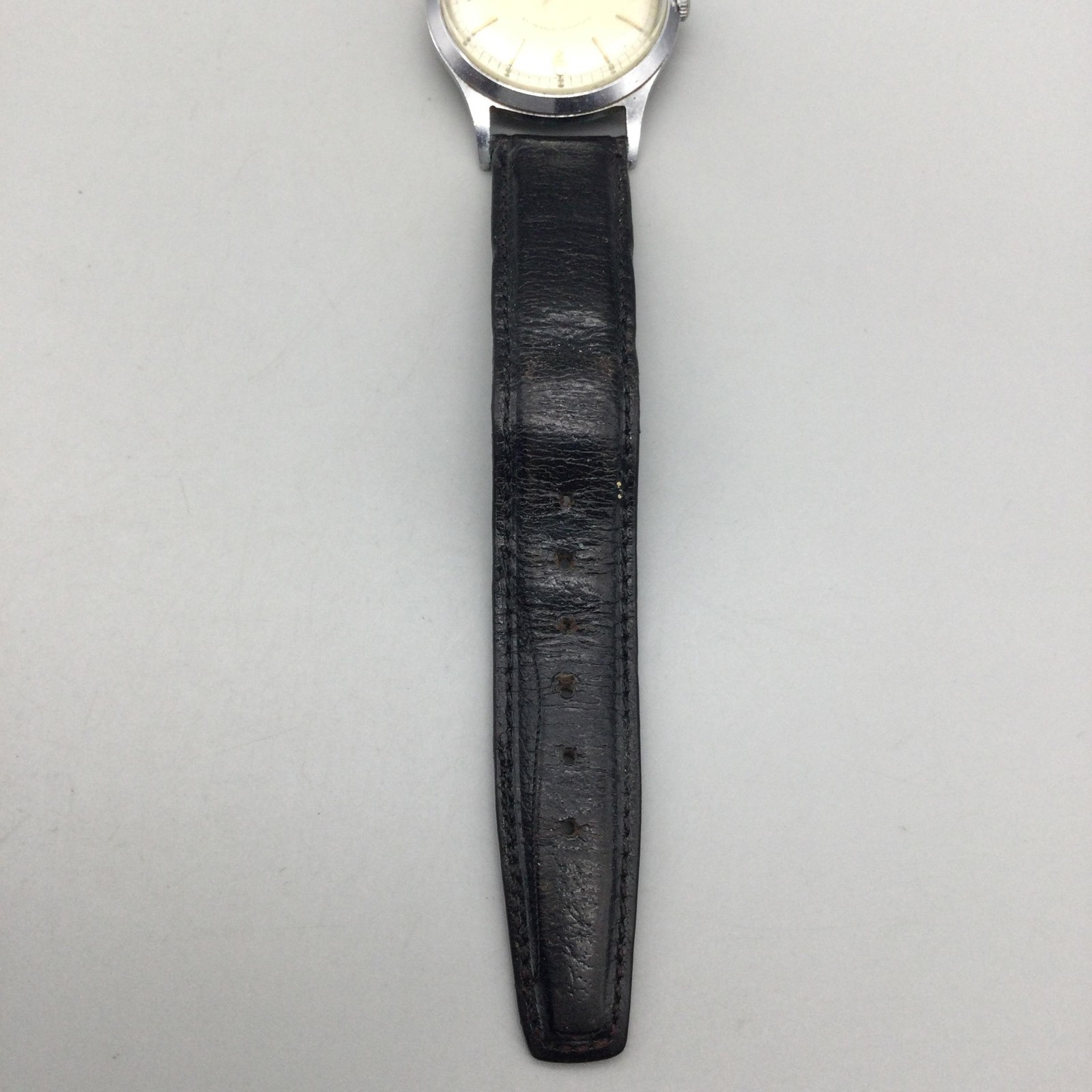 Vintage Tollet Mens Watch 32mm Cream Dial Silver Tone Black Leather Manual Wind