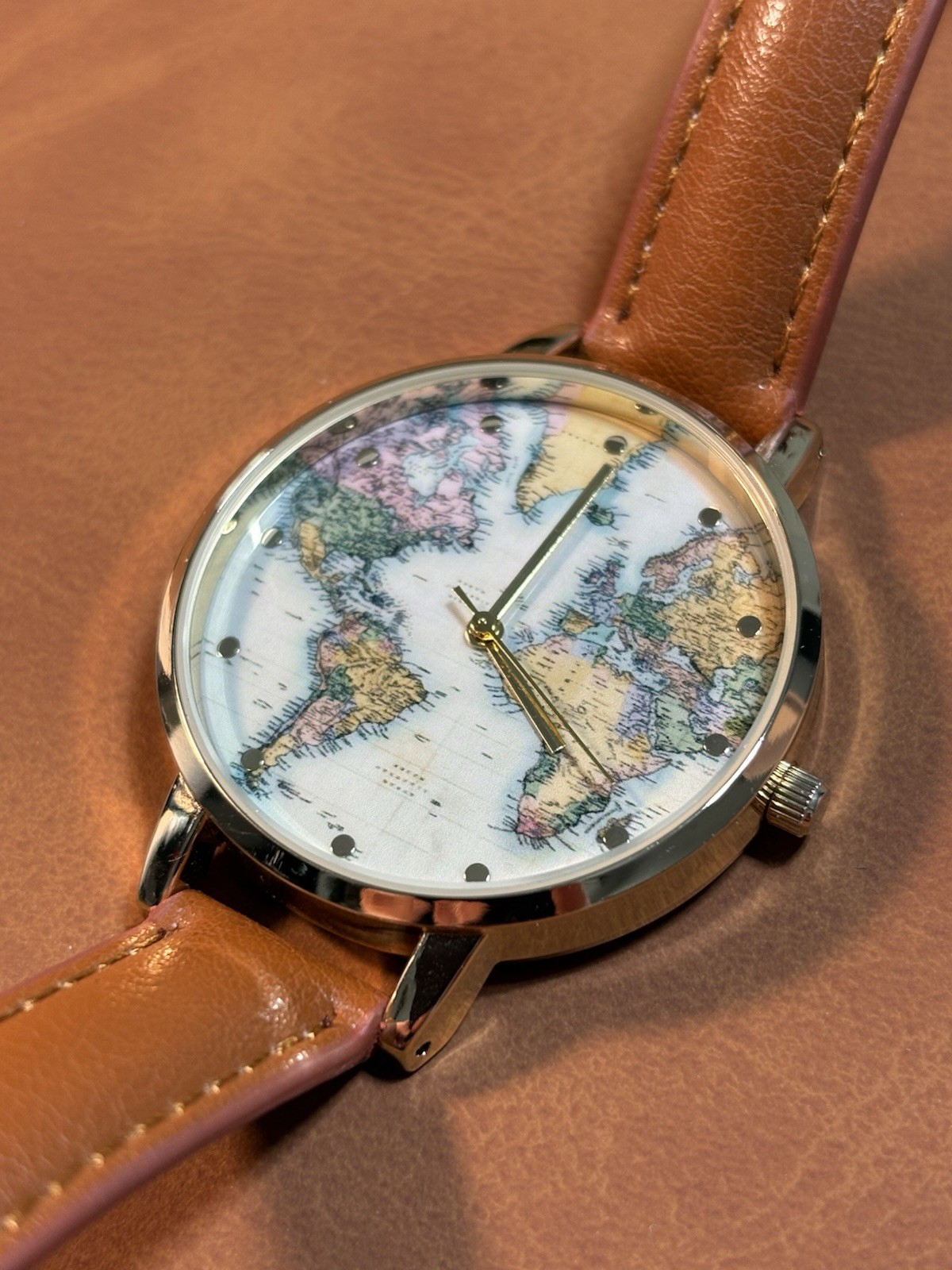 World Map Francescas Women’s Quartz Watch Gold Tone Ladies Leather Band,Box