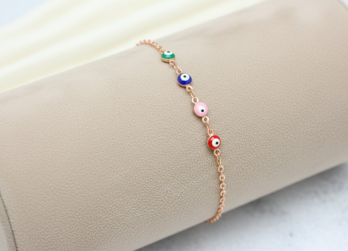 Elegant Rose Gold Plated Brass Bracelet | Boho Multi-Color Evil Eye Charm