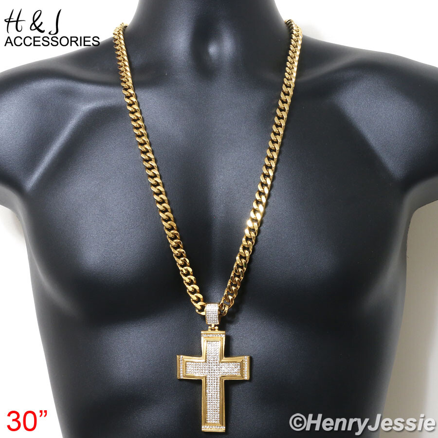 18″-40″Stainless Steel 9mm Gold Plated Cuban Chain BIG ICY CZ Cross Pendant*IP20