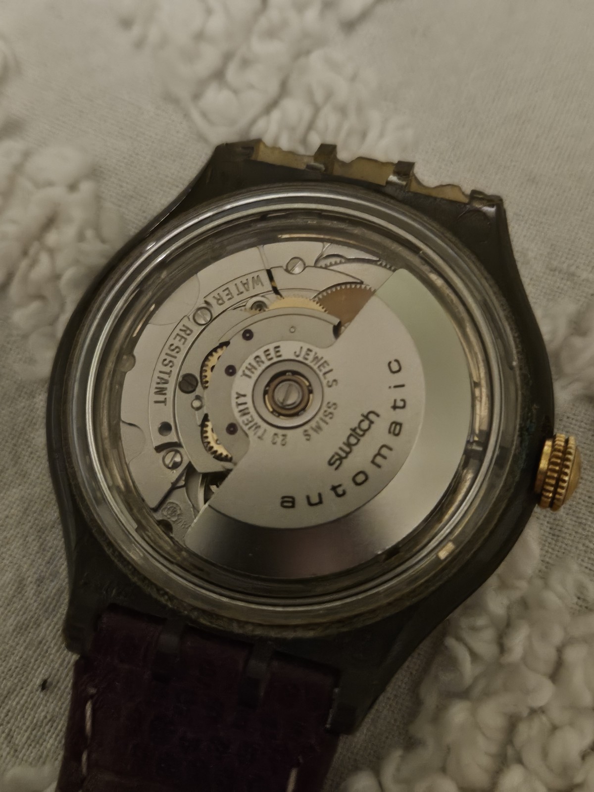 Swatch SAM103 Classic Cheddar 1993 Automatic Watch Original Band Torn As Is Runs