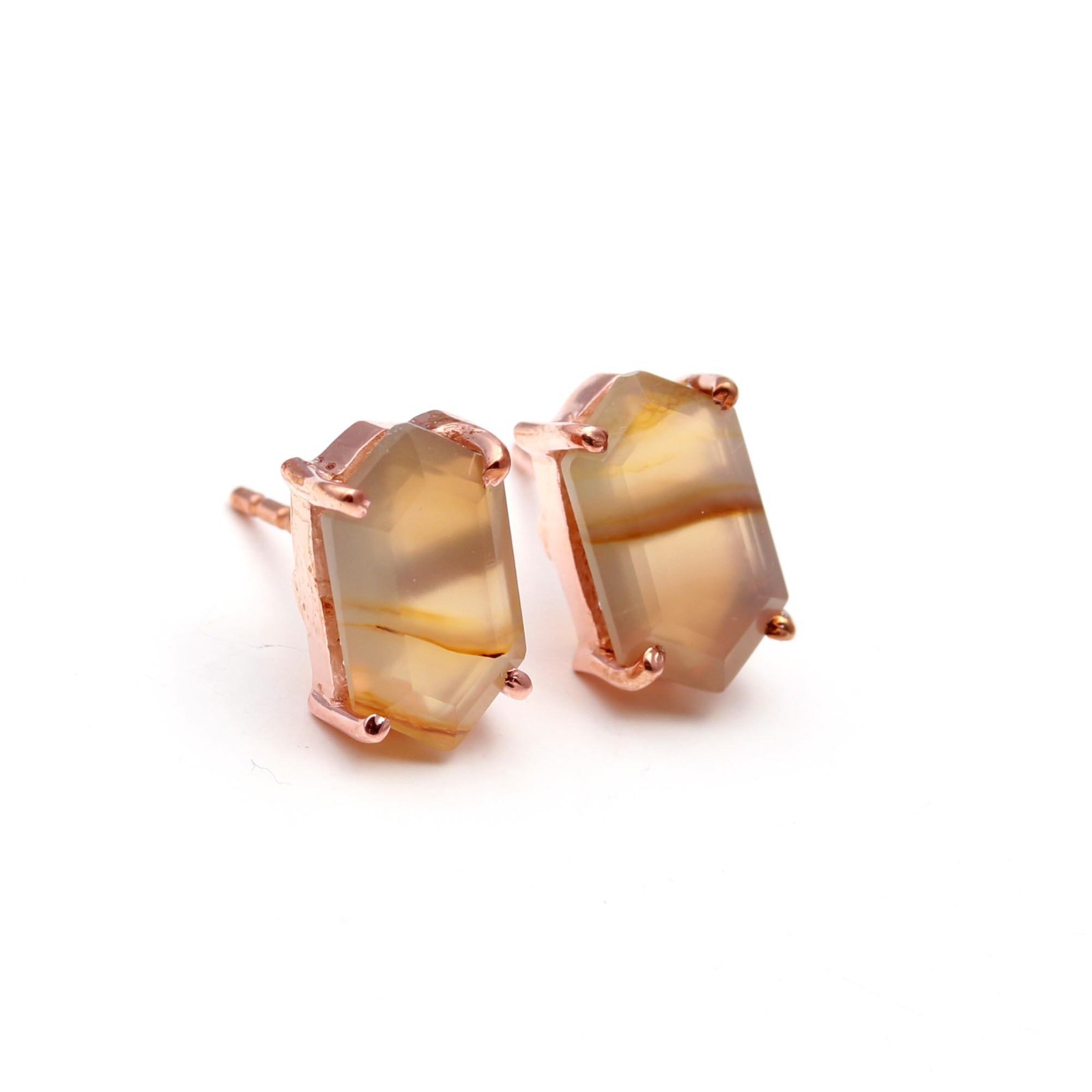 Natural Montana Agate Hexagon Stud Earrings Rose Gold Fill Solid Silver Jewelry
