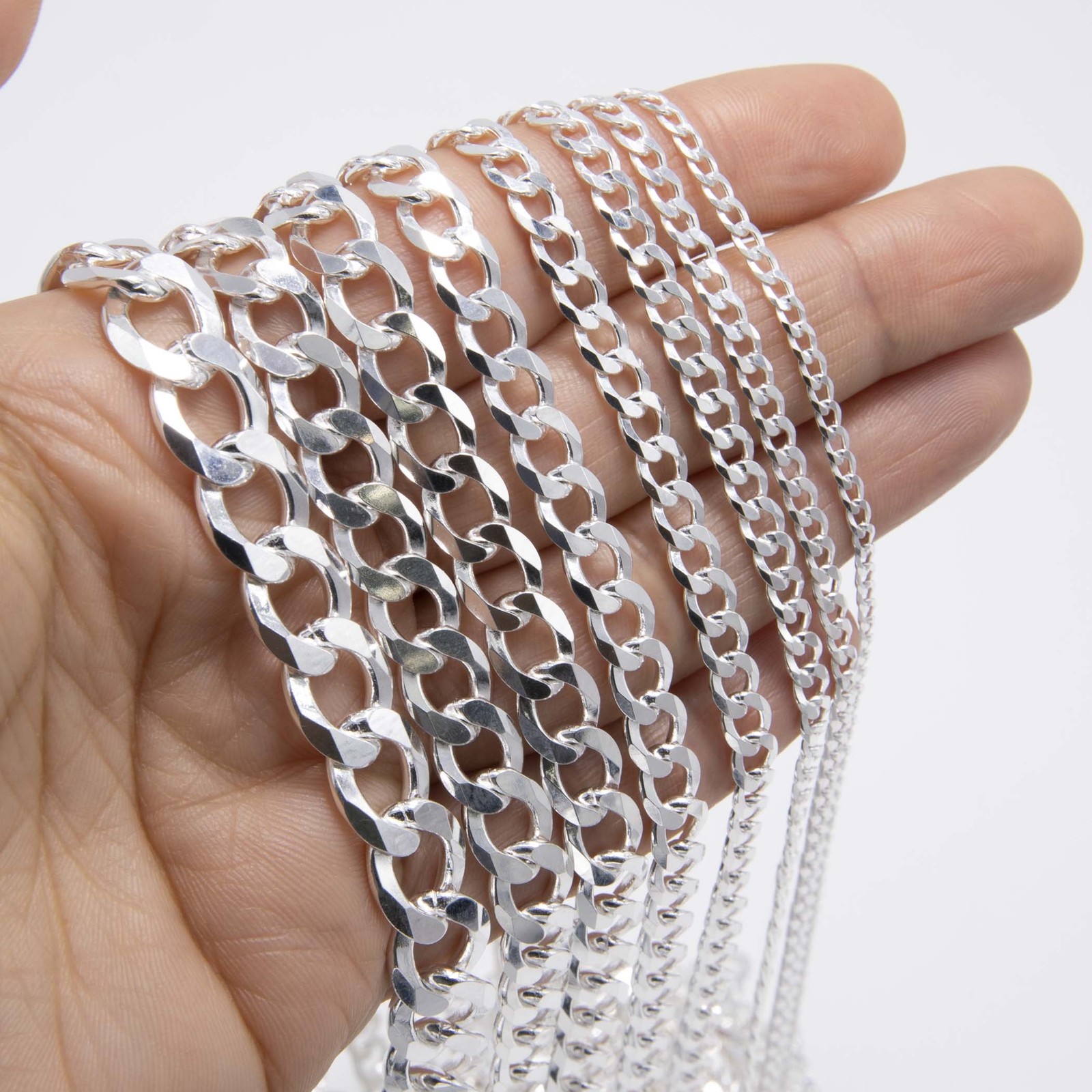 Diamond-Cut Reversible Curb Chain Solid Sterling Silver 925 Italy All Sizes