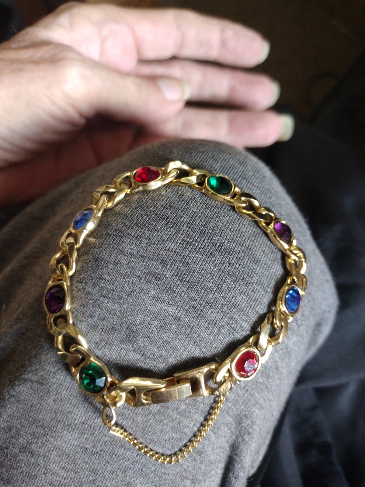 Vtg Tennis Bracelet Synthetic Round Cut Gemstones Goldtone With Safety Chain