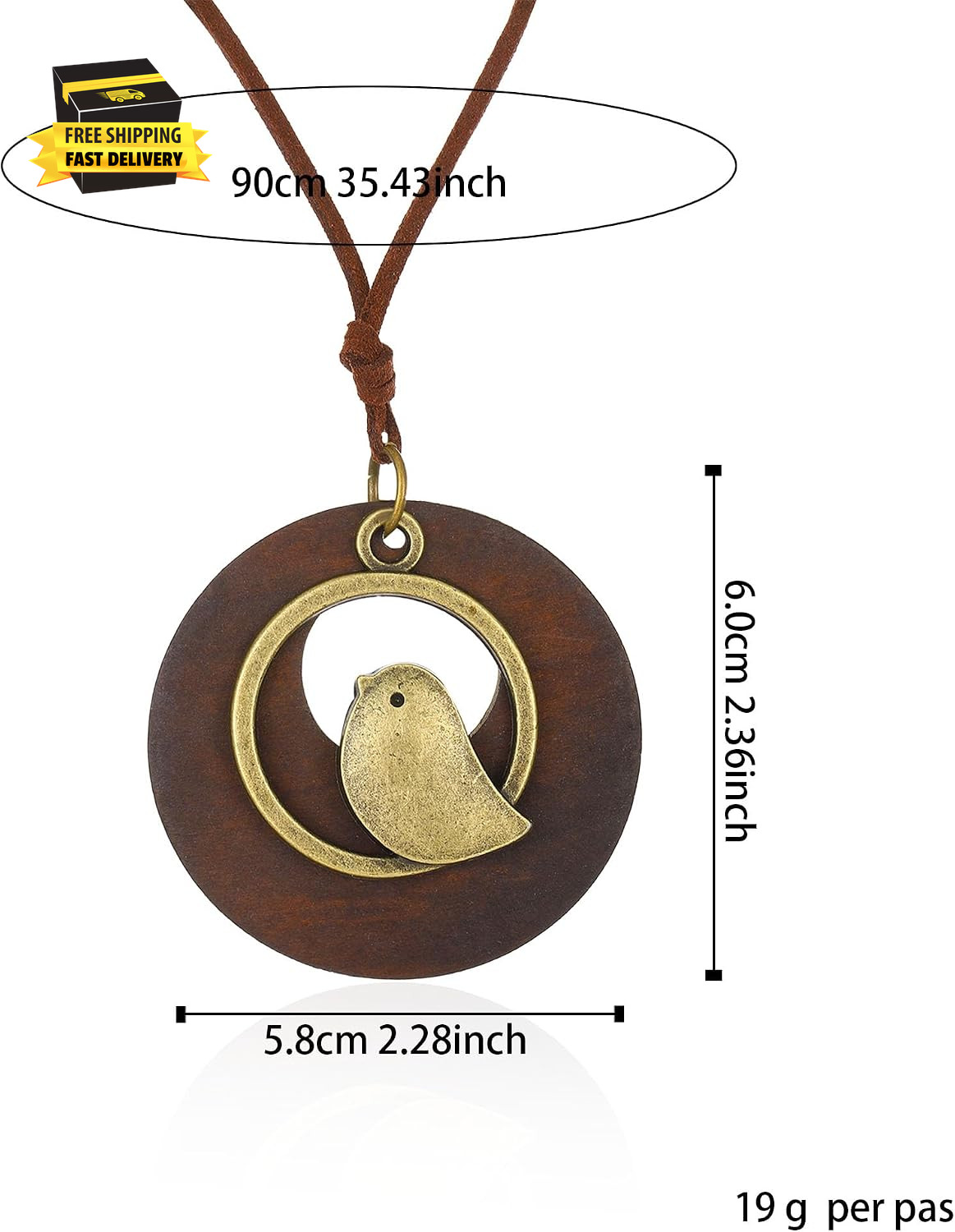 Circular Hollow Wood Necklace Hanging Rope Design Boho Chic Bird Pendant Necklac