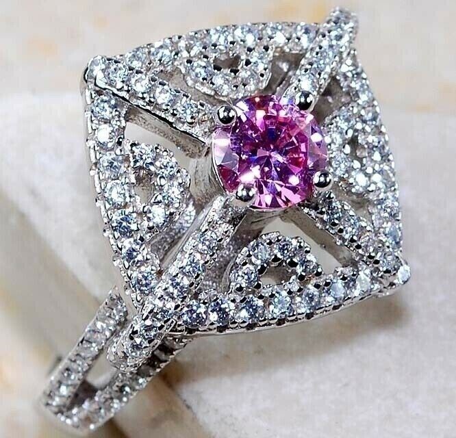 3CT Heat Treated Pink Topaz 925 Solid Sterling Silver Ring Sz 6 UB3-8