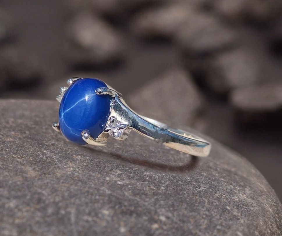 Vintage 6 Rays Star Lindy Blue Sapphire Ring Birthday Gift For Girls 925 Silver