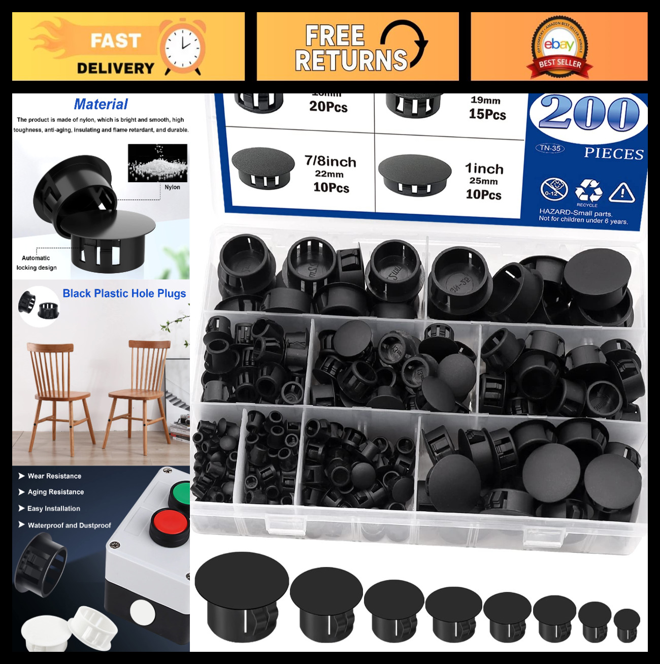 200Pcs Nylon Plastic Hole Plugs – 8 Sizes for Furniture, Cabinet, and Panel Use
