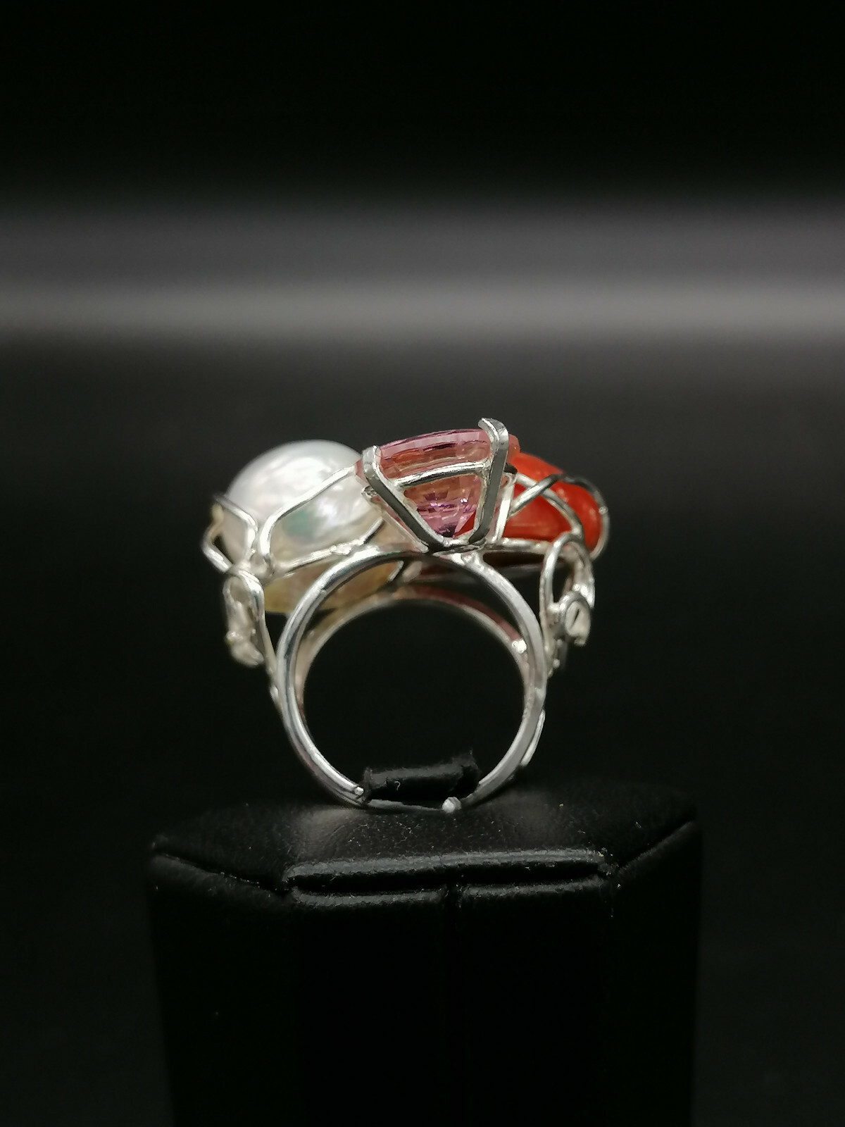 anello donna vero corallo rosso perla bianca swarovski rosa in argento bianco