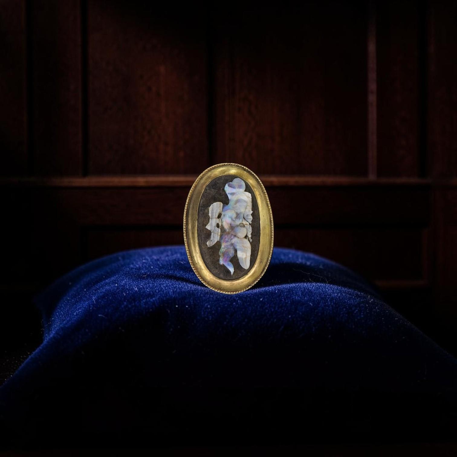 Antique Opal Cameo Ring | Carved Warrior Figure | Circa 1800s 14k Yellow Gold