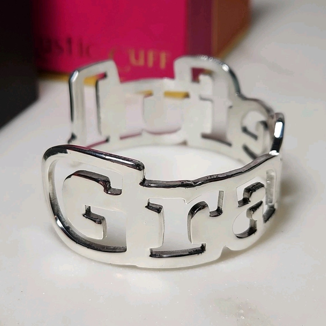 Rustic Cuff “Greatful” Cuff & bracelet Silver Tone, Green Beaded Charm, Box