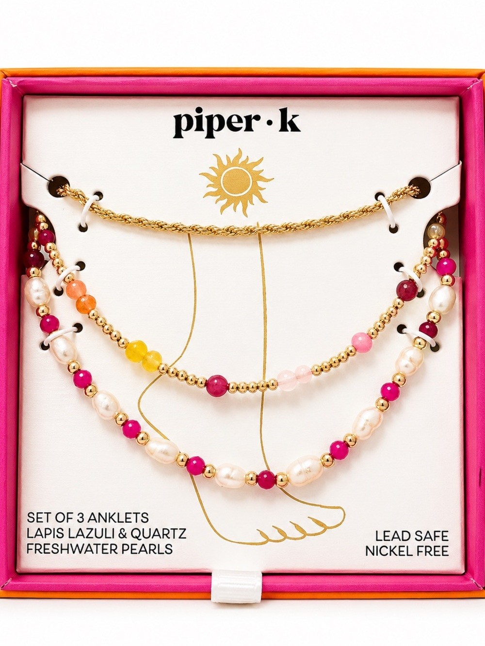 Piper K Freshwater Pearl & Quartz 3 Piece Anklet Set Gold Tone Boho Chic