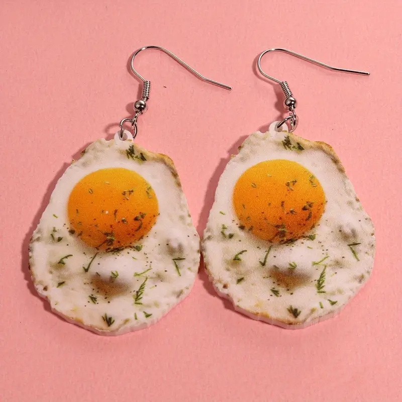 4 Pairs of Fun Acrylic Omelet, Pizza, Toast, and Bacon Food Pendant Earrings