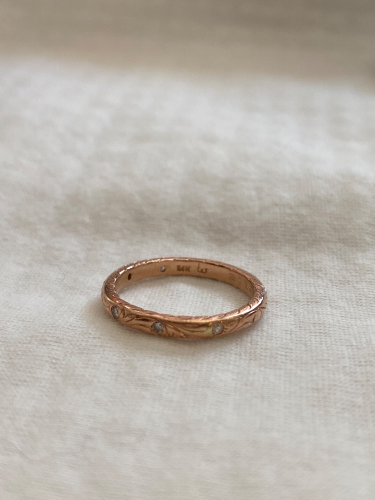 14k rose gold diamond ladies wedding band scroll carved whitehouse brothers sz 7