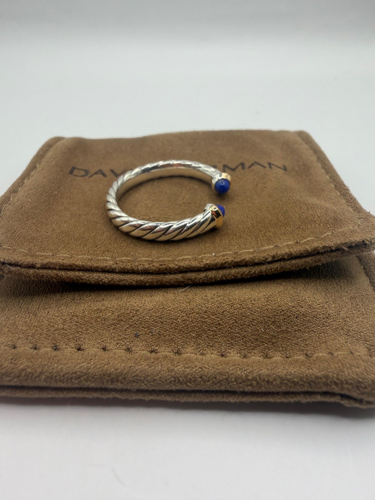 David Yurman Sterling Silver Petite Cable Open Ring W/ 14k Gold & Lapis Size 7
