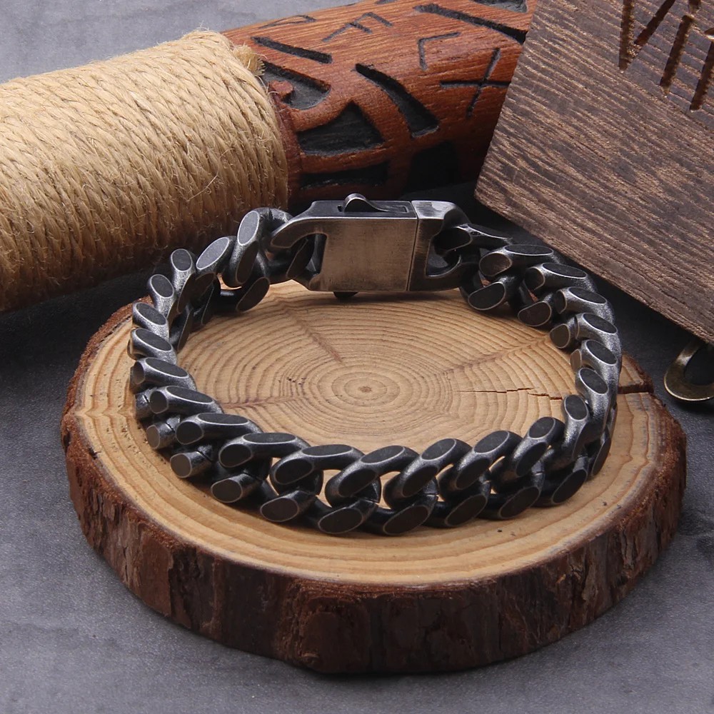 Vintage Black Stainless Steel Cuban Link Bracelet Men Hip Hop Gift Box