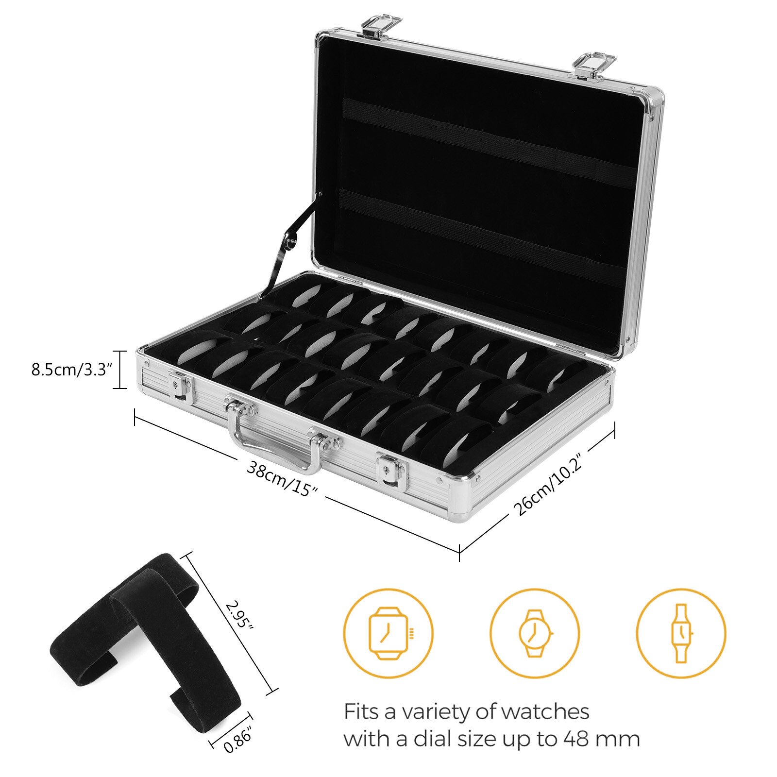 24+8 Slots Aluminum Watch Case Lockable Storage Box Jewelry Display Suitcase