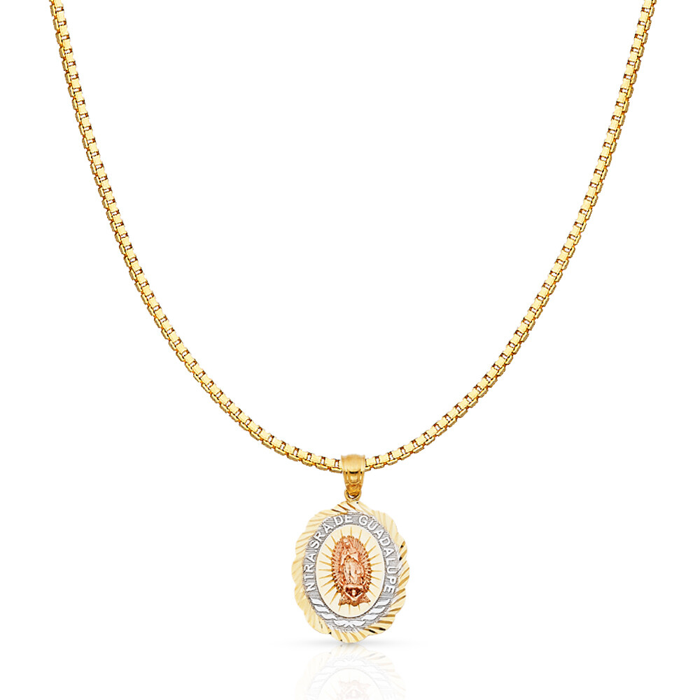 14K Tri Color Gold Religious Guadalupe Charm Pendant & 1.2mm Box Chain Necklace