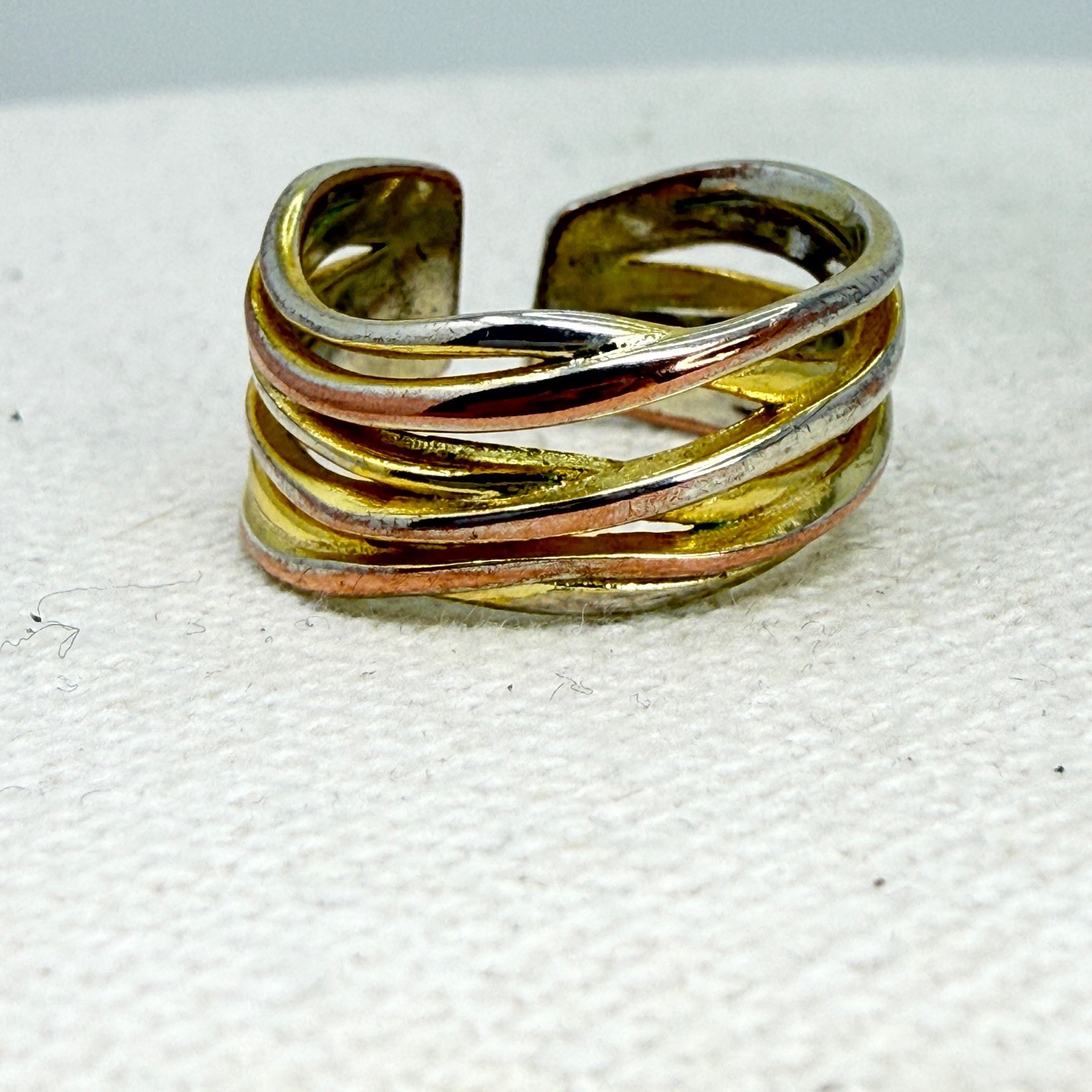 Sterling Silver Tri Color Multi Band Adjustable Wrap Ring Mixed Metal Modernist