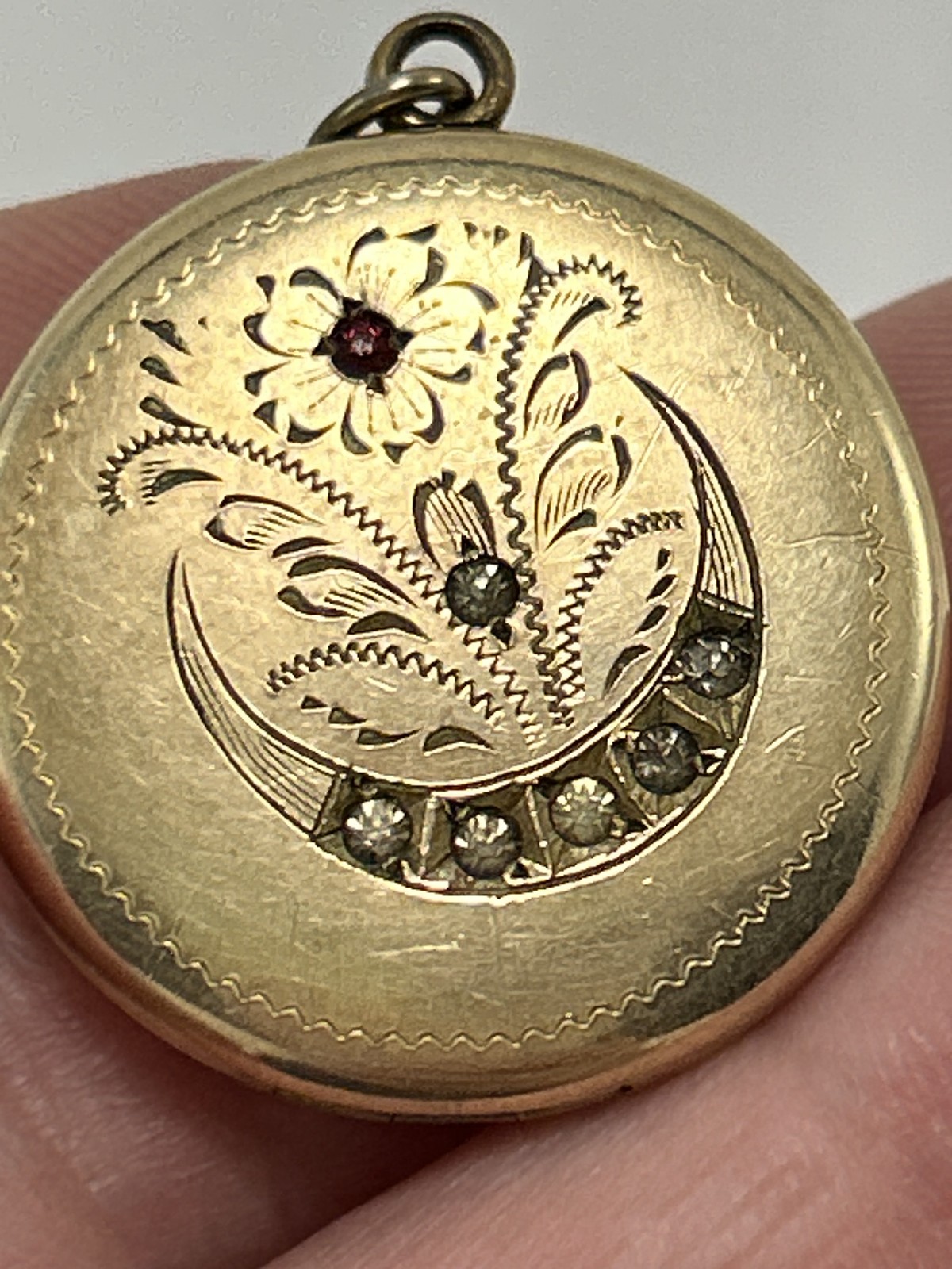 Antique Gold Filled Locket Pendant Victorian Crescent Moon Floral R&G Co La Mode
