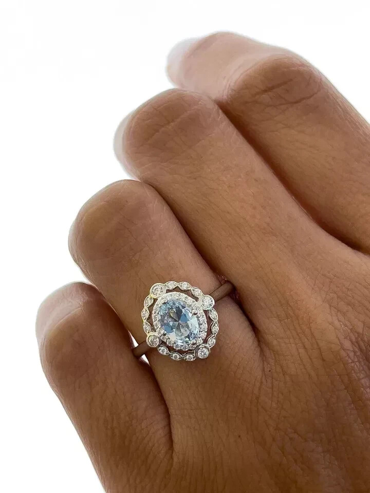 14k White Gold 2.70 Ct Oval Natural Aquamarine Diamond Engagement Ring Solid