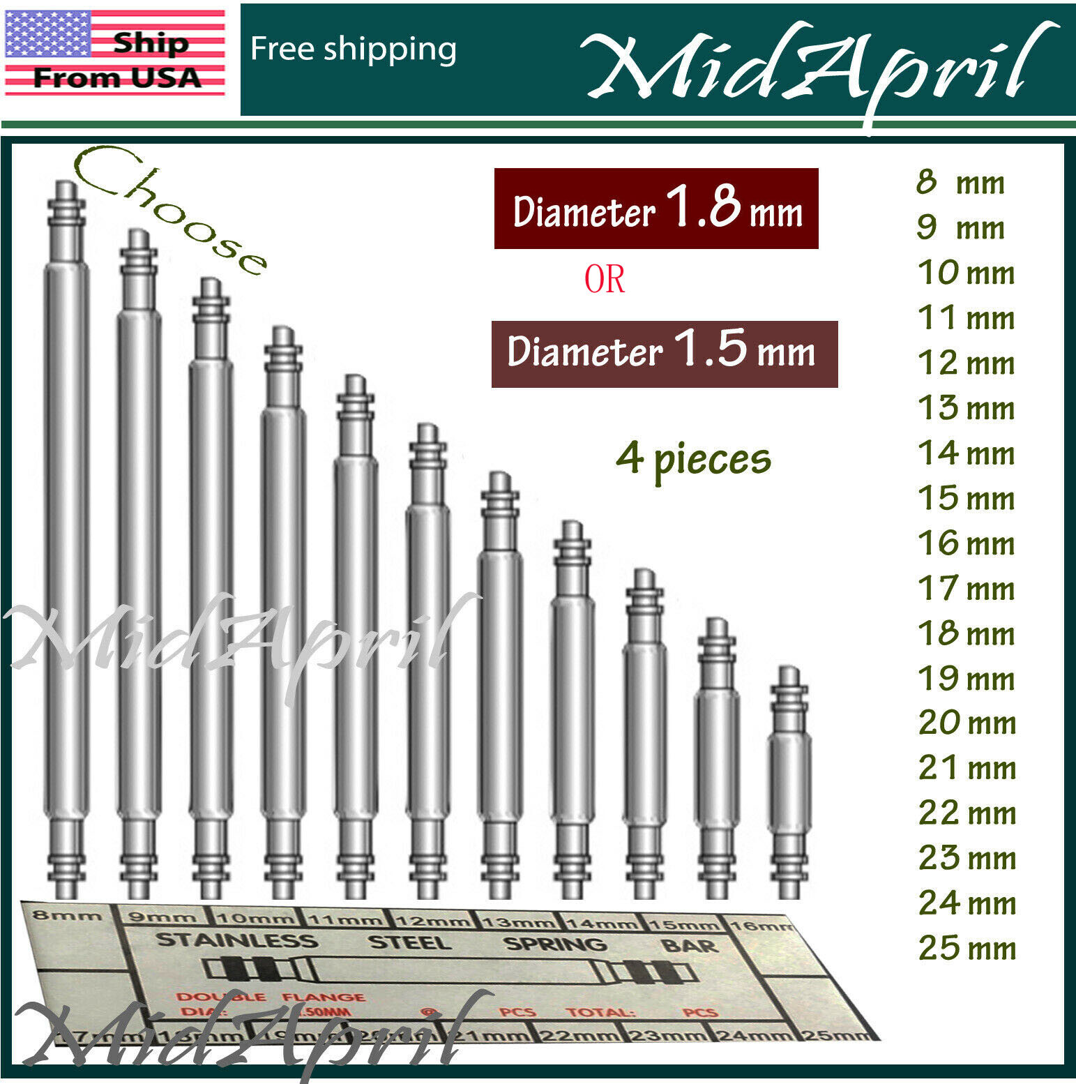 4 pcs Watch Spring Bar Pins Watchband Stainless Steel -Diameter 1.5mm or 1.8mm