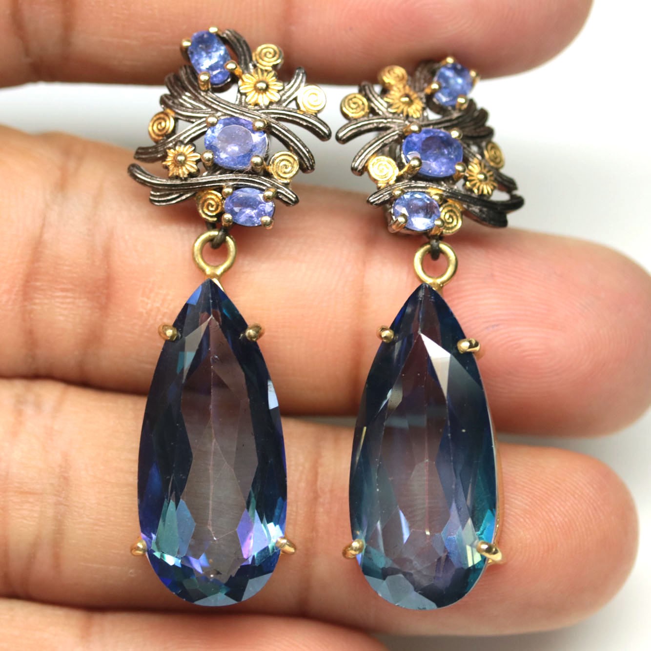 925 Silver Azotic Multicolor Topaz & Tanzanite Handmade Two Tone Earrings