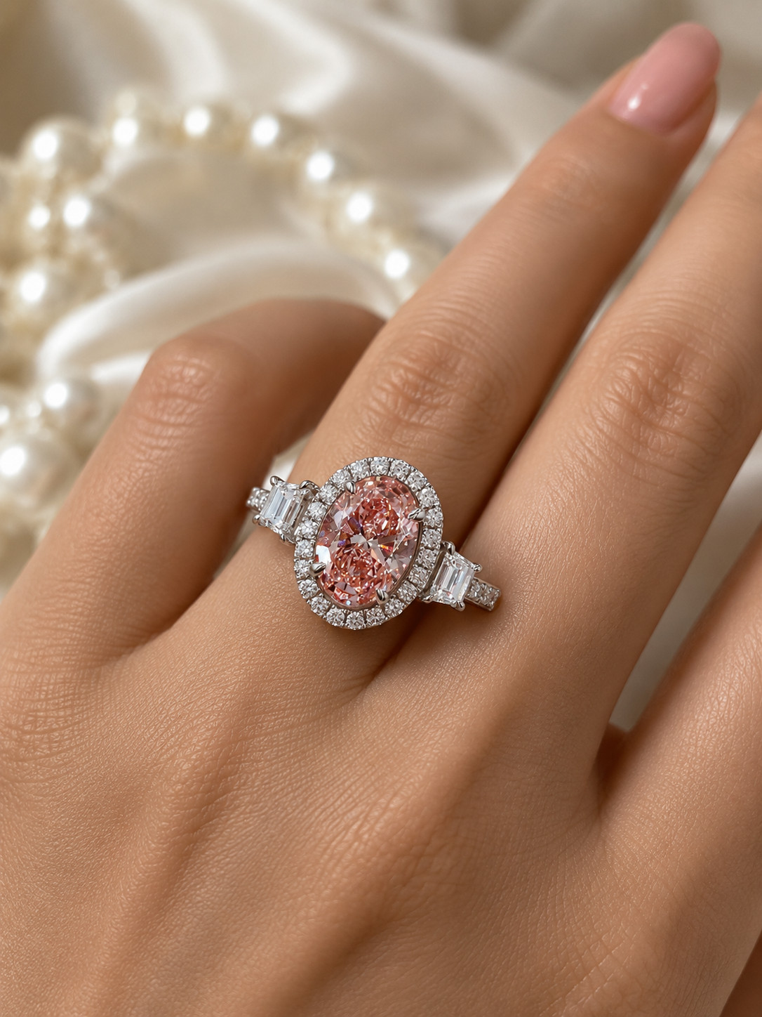 Fancy Vivid Pink Diamond Ring IGI Lab Created 5.00 Carat Oval Cut 18k White Gold