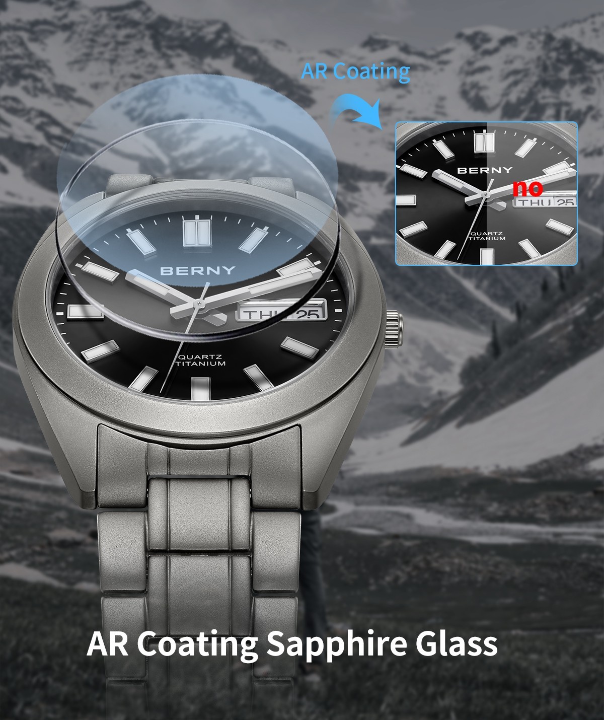 BERNY Titanium Seiko VJ53 Quartz Movement Blue Sunburst Dial Day Date Sapphire