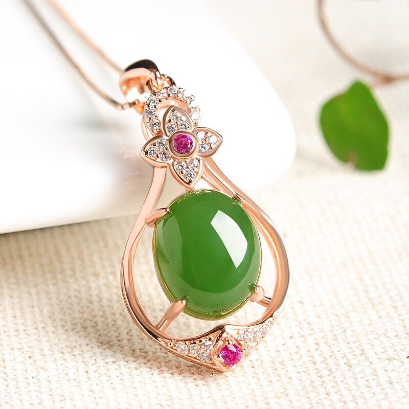 Vintage 18k Rose Gold Plated Natural Green Jade Water Drop Pendant Necklace