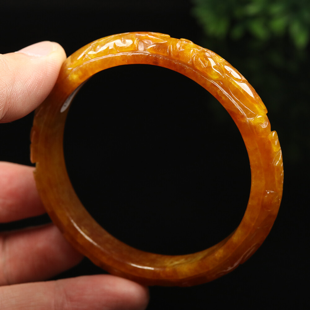 61mm Yellow Brown Jadeite Jade Bracelet Bangle Bat Lotus Burma Jade A-11767