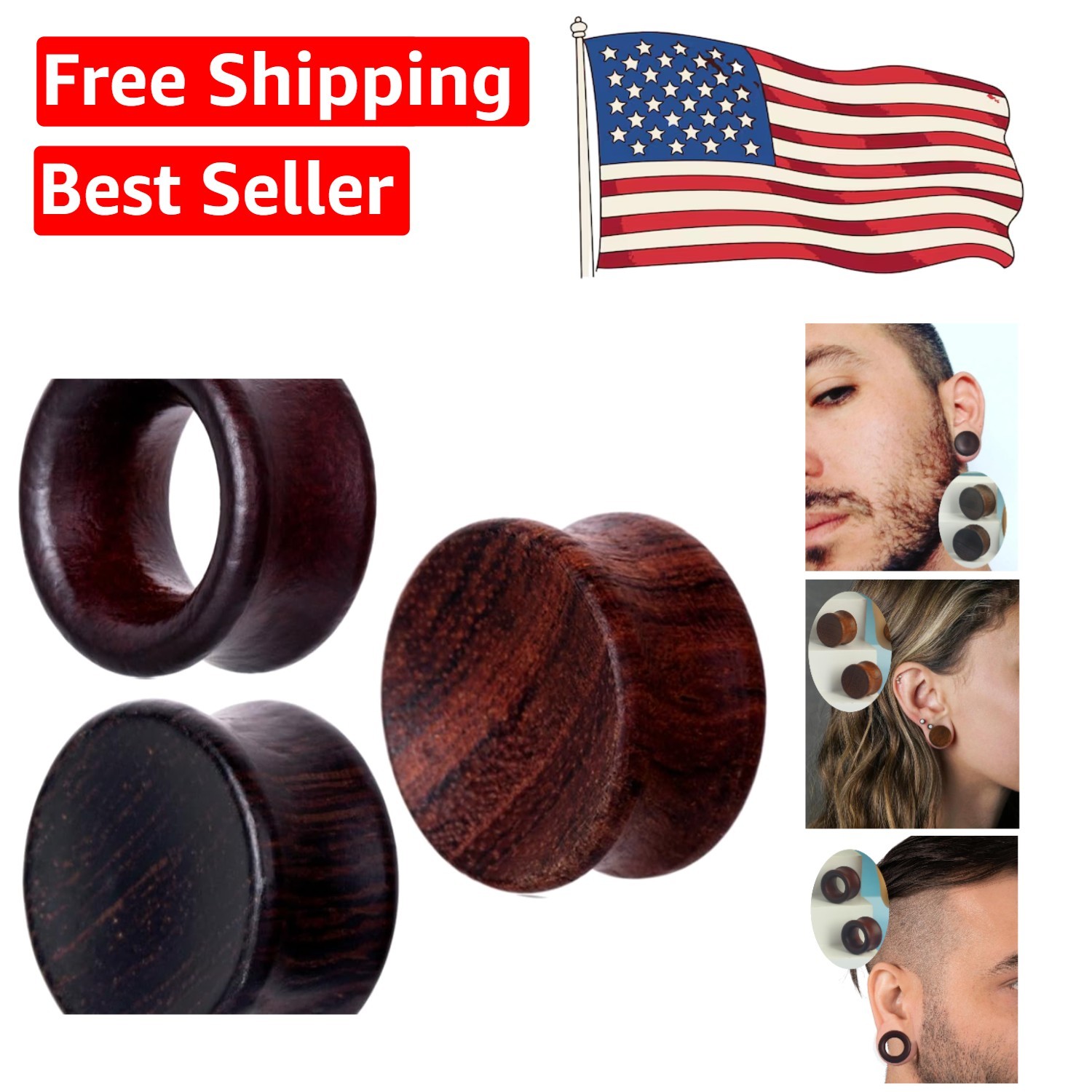 Elegant 3 Pairs of Wooden Ear Gauges, Double Flared – Natural Fashion Jewelry