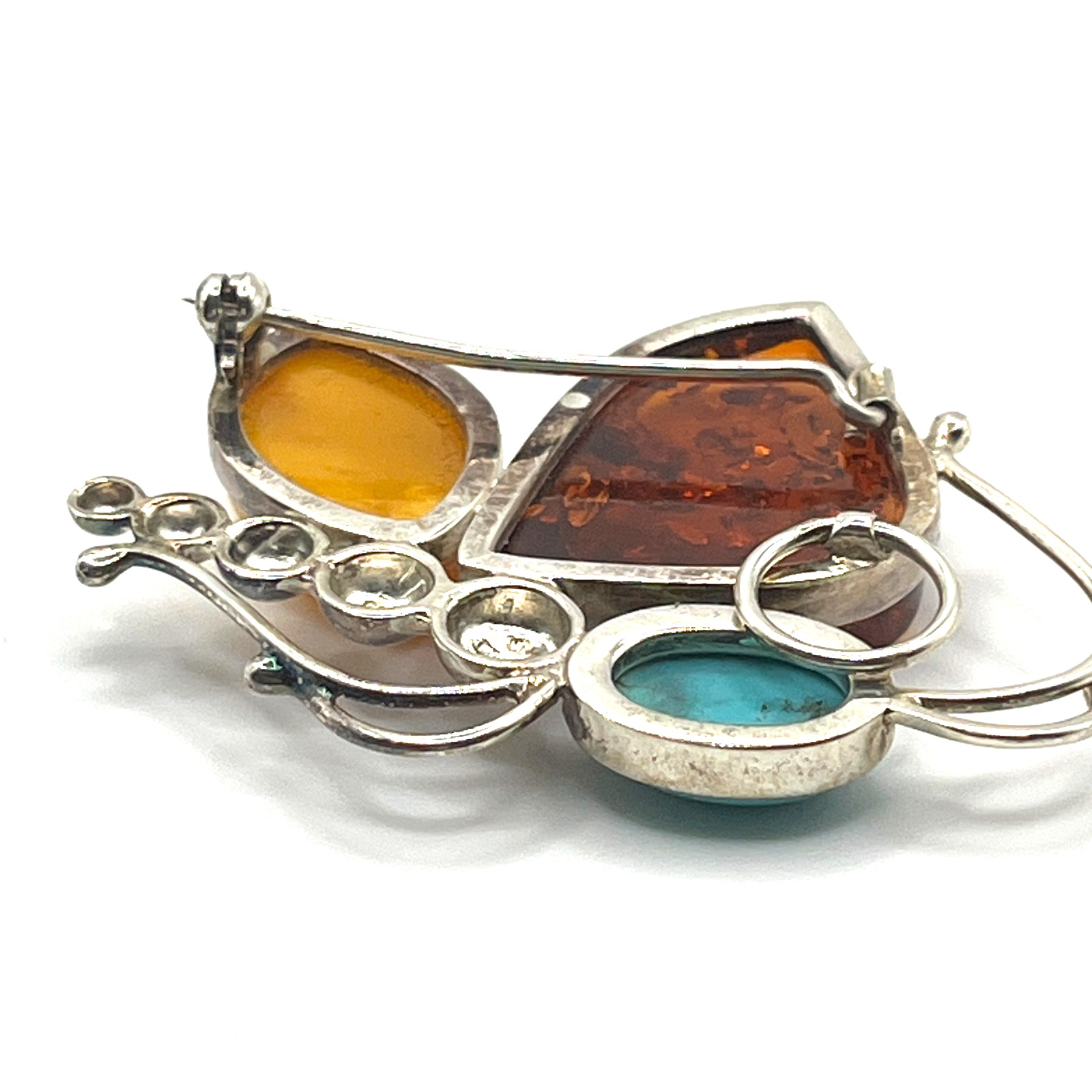 Brooch Valerio V8 Poland Baltic Amber Turquoise Butterfly 80s VTG Sterling 925