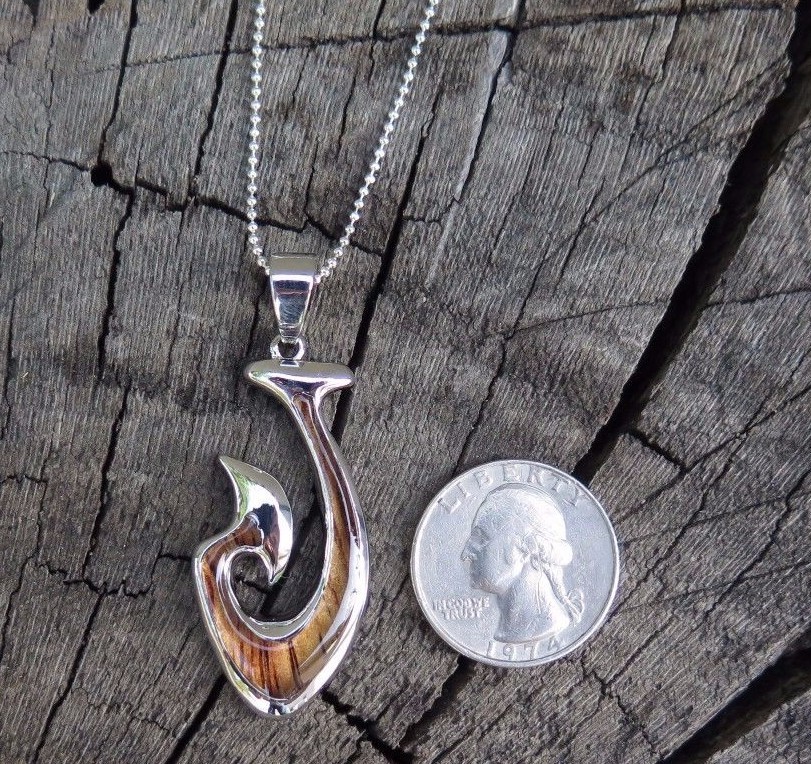 Hawaiian Koa Wood Jewelry Fish Hook Scroll Rhodium Plated Brass Pendant BRP1073
