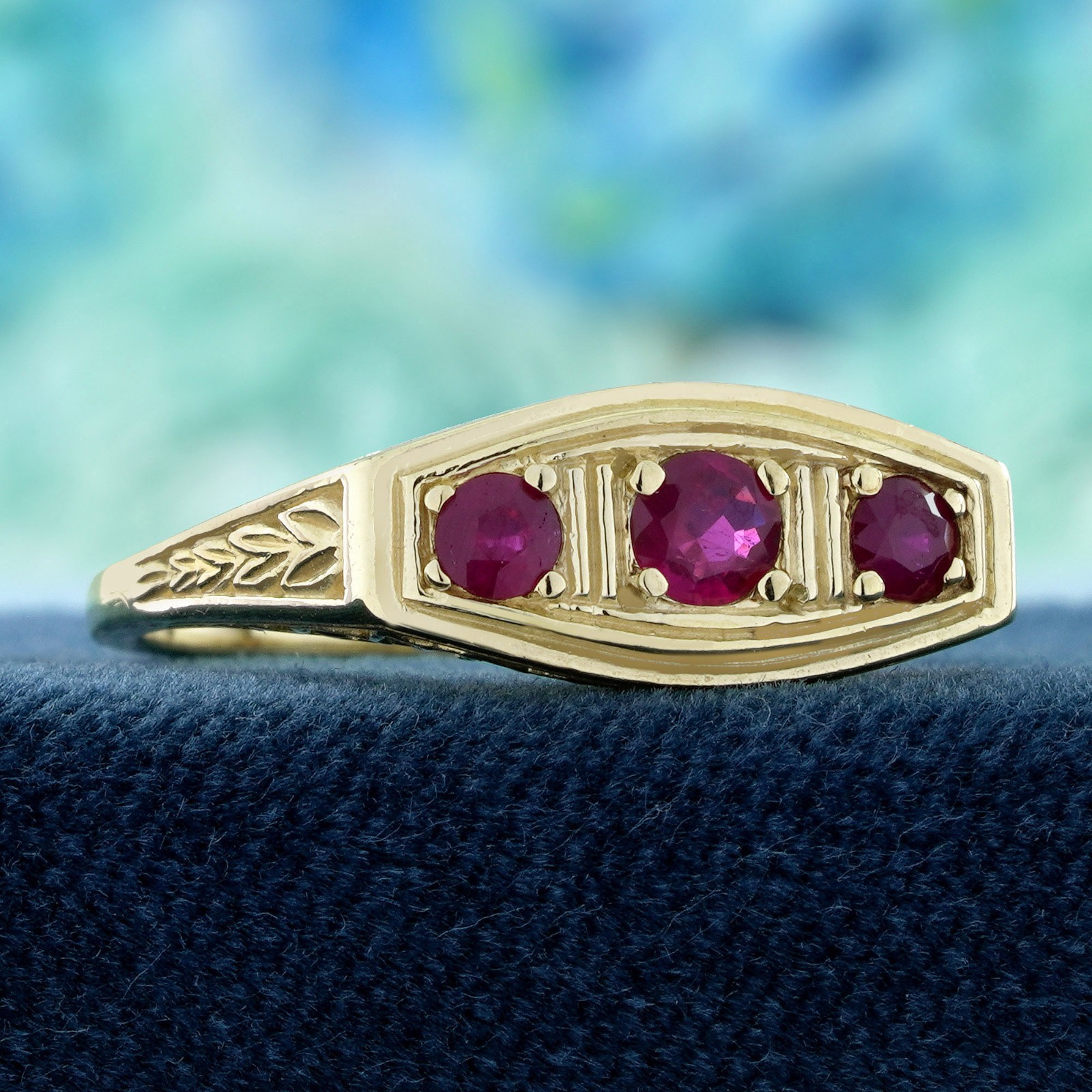 14K Yellow Gold Solid Natural Ruby Vintage Style Three Stone Filigree Ring