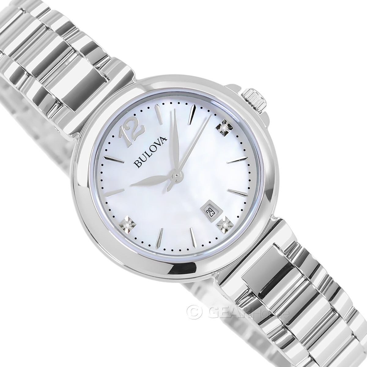 BULOVA Womens Dress Watch Genuine Diamonds, White MOP Dial, Stainless Steel Band
