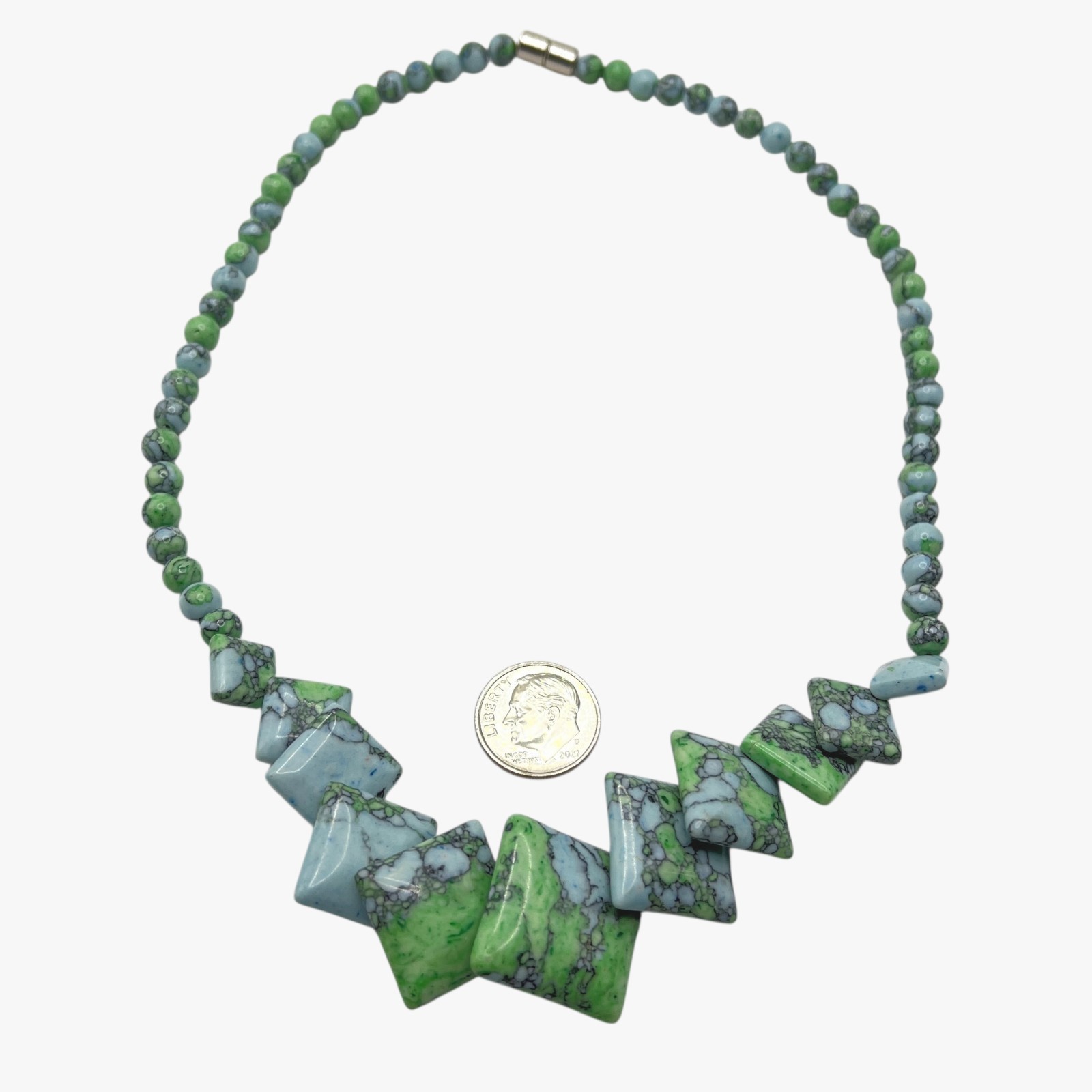 Blue Green Dyed Gemstone Bib Necklace Graduated Square Beaded 18″ Boho Southwest