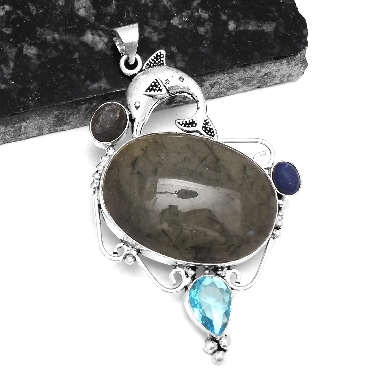 Black Rutile Blue Topaz Ethnic Handmade Gift Pendant Jewelry 3.36″ P-1764