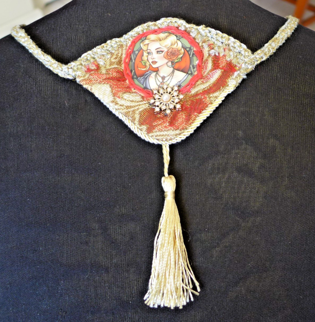 Handmade Crocheted art Necklace Cotton Fabric embroidered crocheted+ Beads